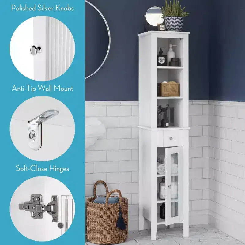 Mobile alto da bagno con cassetto, anta in vetro e ripiani, per biancheria e altro – Bianco