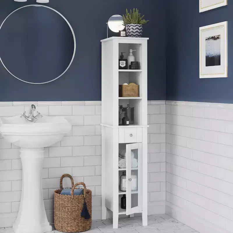 Mobile alto da bagno con cassetto, anta in vetro e ripiani, per biancheria e altro – Bianco