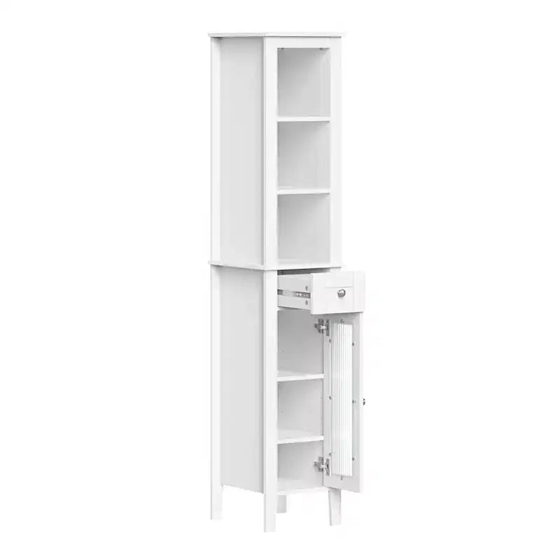 Mobile alto da bagno con cassetto, anta in vetro e ripiani, per biancheria e altro – Bianco
