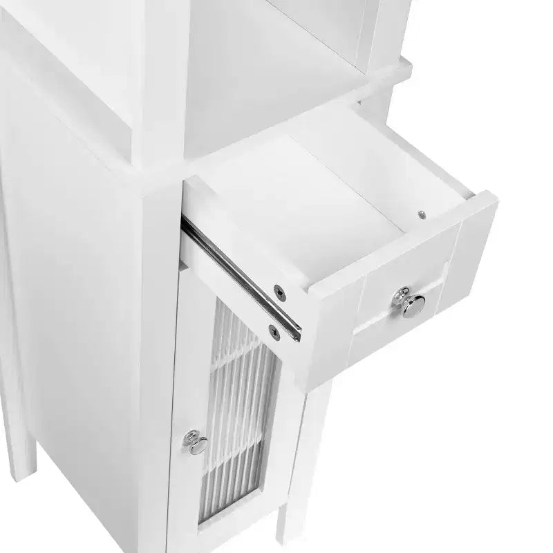 Mobile alto da bagno con cassetto, anta in vetro e ripiani, per biancheria e altro – Bianco