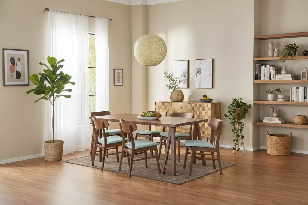 Set da pranzo Alexis a 7 pezzi in legno imbottito stile moderno di metà secolo