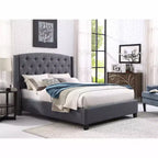 Nantarre Fabric Button Tufted Wingback Upholstered Bed with Nail Head Trim, Gray