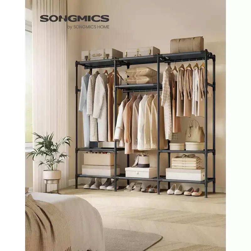 SONGMICS Appendiabiti, Guardaroba Portatile di Grande Capacità da 183 cm, Armadio Organizzatore Resistente con Aste Appendiabiti e Ripiani, Nero Inchiostro
