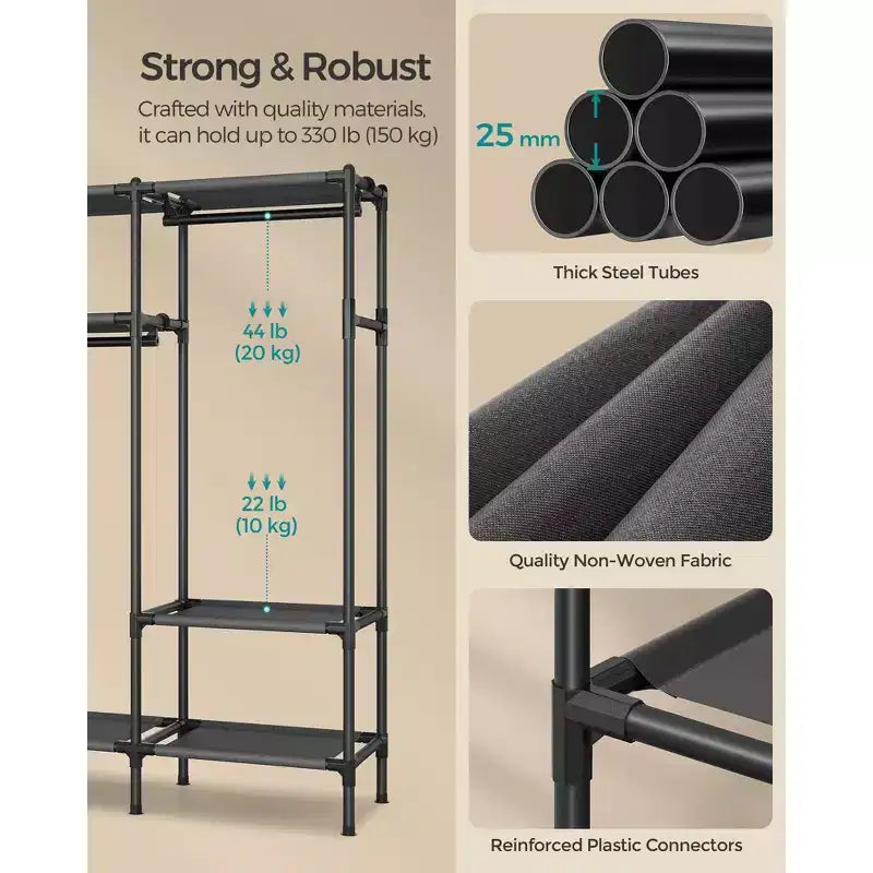 SONGMICS Appendiabiti, Guardaroba Portatile di Grande Capacità da 183 cm, Armadio Organizzatore Resistente con Aste Appendiabiti e Ripiani, Nero Inchiostro