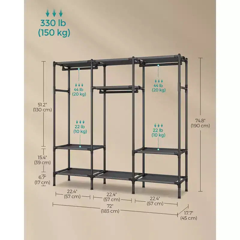 SONGMICS Appendiabiti, Guardaroba Portatile di Grande Capacità da 183 cm, Armadio Organizzatore Resistente con Aste Appendiabiti e Ripiani, Nero Inchiostro