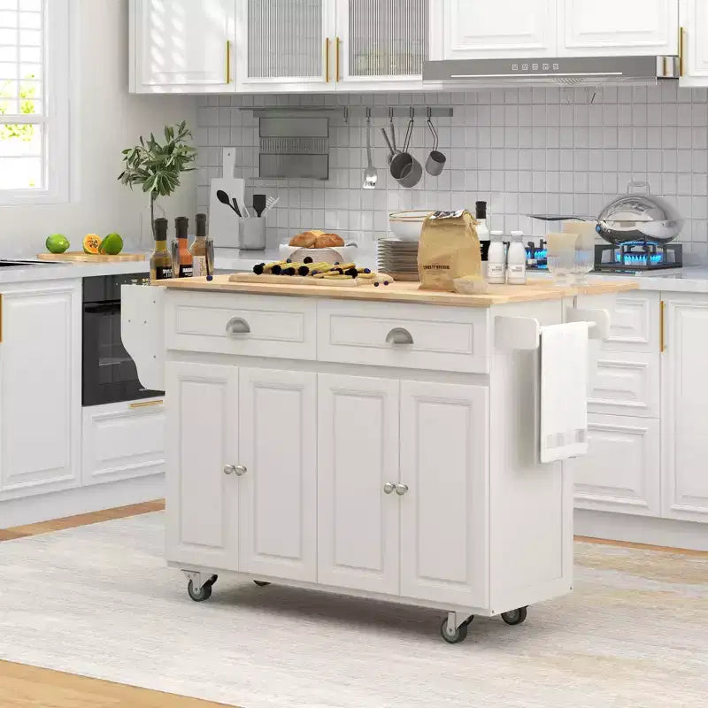 Carrello da Cucina con Piano a Scomparsa, con Ruote, Piano in Legno Massello per Colazione, con Cassetti, Armadietti e Porta Spezie