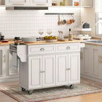 Carrello da Cucina con Piano a Scomparsa, con Ruote, Piano in Legno Massello per Colazione, con Cassetti, Armadietti e Porta Spezie