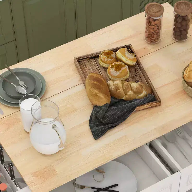 Carrello da Cucina con Piano a Scomparsa, con Ruote, Piano in Legno Massello per Colazione, con Cassetti, Armadietti e Porta Spezie