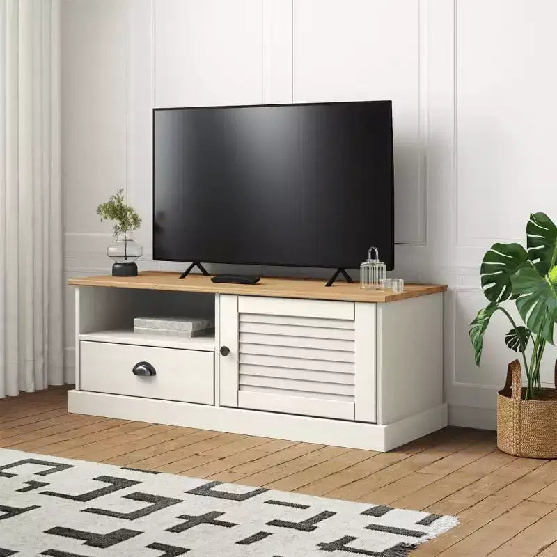 Mobile porta TV in legno massello di pino bianco - 105,9x39,9x39,9 cm con cassetto, ripiano aperto e armadietto, facile da pulire