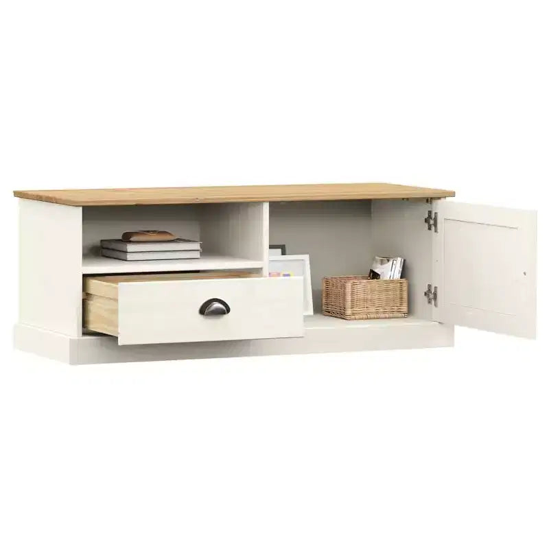 Mobile porta TV in legno massello di pino bianco - 105,9x39,9x39,9 cm con cassetto, ripiano aperto e armadietto, facile da pulire