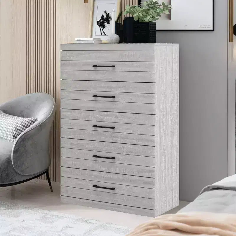 Comodino a 5 cassetti (Interlock) - Quercia Grigio Polvere