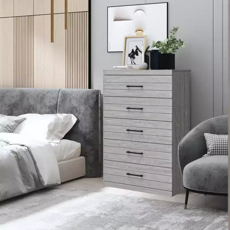 Comodino a 5 cassetti (Interlock) - Quercia Grigio Polvere