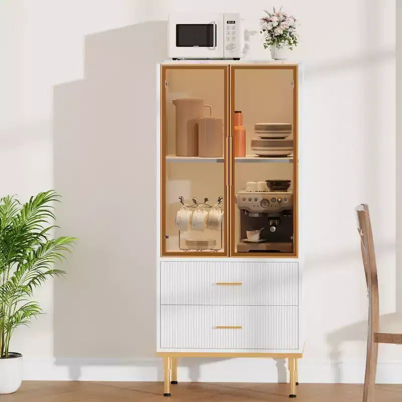 Credenza con ante in vetro, mobile buffet con 2 cassetti scanalati, ripiani regolabili per soggiorno, sala da pranzo e cucina