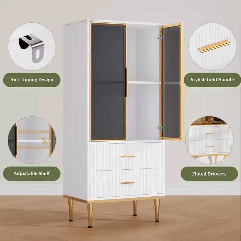 Credenza con ante in vetro, mobile buffet con 2 cassetti scanalati, ripiani regolabili per soggiorno, sala da pranzo e cucina