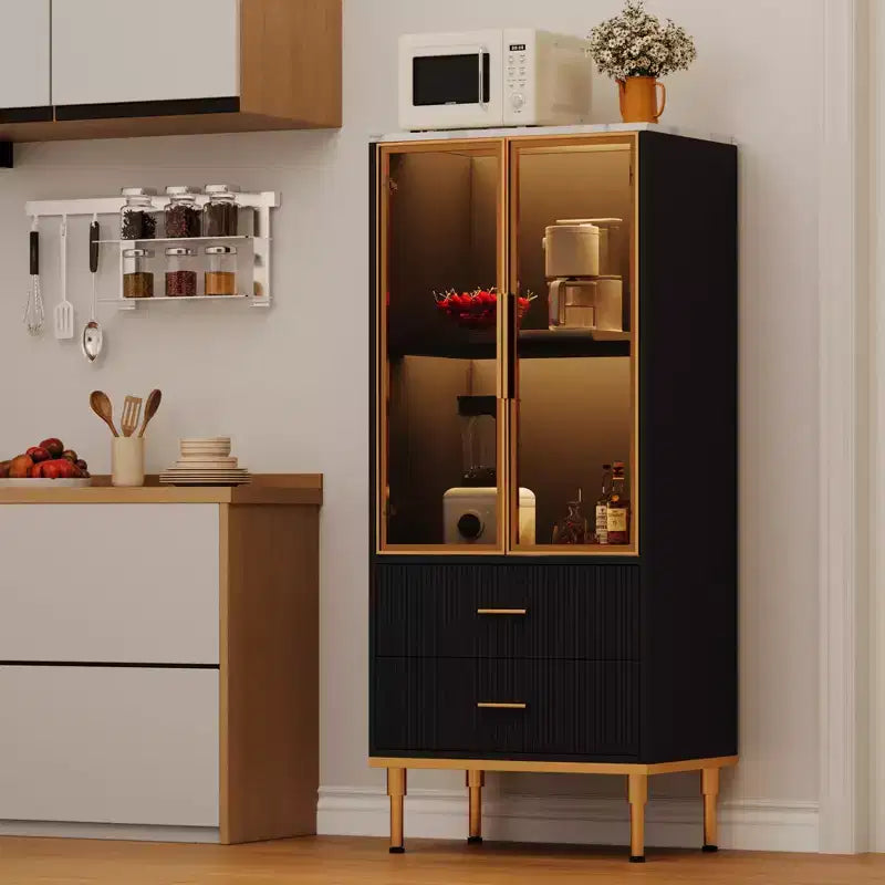 Credenza con ante in vetro, mobile buffet con 2 cassetti scanalati, ripiani regolabili per soggiorno, sala da pranzo e cucina