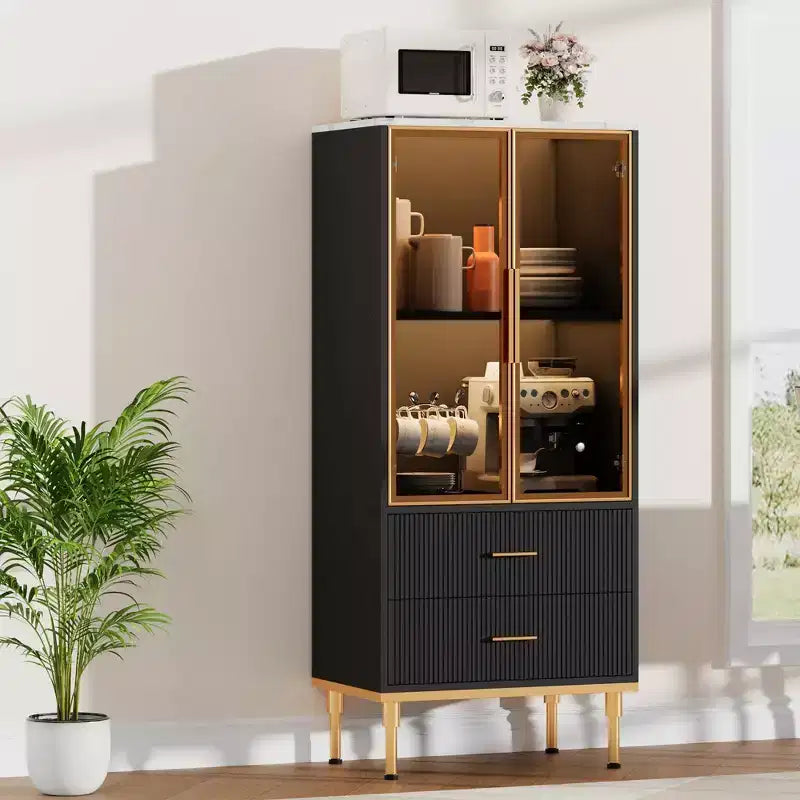 Credenza con ante in vetro, mobile buffet con 2 cassetti scanalati, ripiani regolabili per soggiorno, sala da pranzo e cucina
