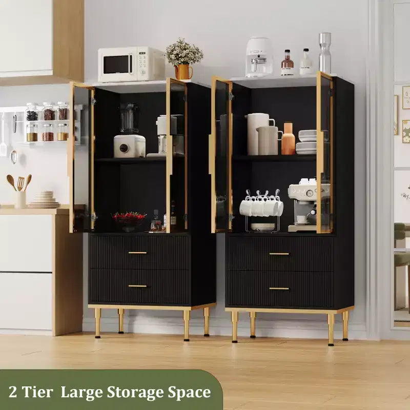 Credenza con ante in vetro, mobile buffet con 2 cassetti scanalati, ripiani regolabili per soggiorno, sala da pranzo e cucina