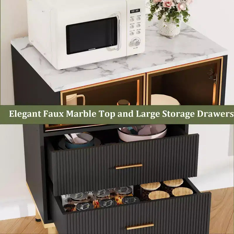 Credenza con ante in vetro, mobile buffet con 2 cassetti scanalati, ripiani regolabili per soggiorno, sala da pranzo e cucina