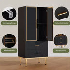 Credenza con ante in vetro, mobile buffet con 2 cassetti scanalati, ripiani regolabili per soggiorno, sala da pranzo e cucina