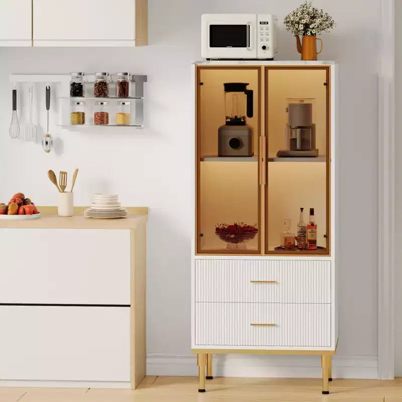 Credenza con ante in vetro, mobile buffet con 2 cassetti scanalati, ripiani regolabili per soggiorno, sala da pranzo e cucina