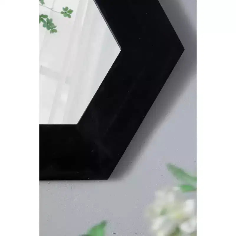 Specchio da Parete Esagonale 18.5 x 18.5 Pollici con Cornice in Legno Massello Nero