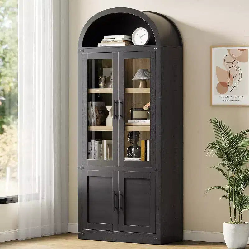Libreria ad arco da 72'' con ante in vetro, armadio in legno a 6 ripiani per soggiorno, cucina o ufficio, scaffali espositivi in stile rustico