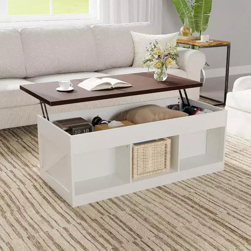 Elegante Tavolino Alzabile con Chiusura Ammortizzata | Vano Nascosto & Ripiano Rimovibile, Design Rustico in Legno e Metallo, Facile Montaggio