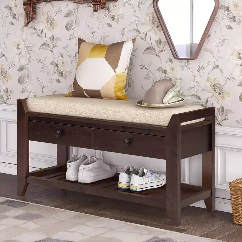 TUYOHW Scarpiera con Panca in Legno Massello con 2 Cassetti e Cuscino, Organizer Multiuso da Ingresso con Base a Griglia, Espresso