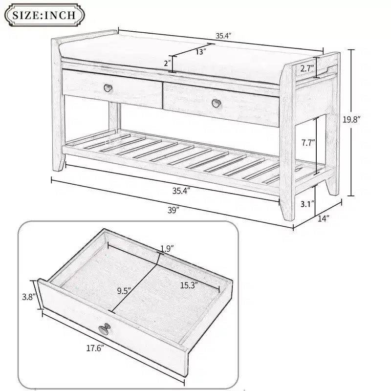 TUYOHW Scarpiera con Panca in Legno Massello con 2 Cassetti e Cuscino, Organizer Multiuso da Ingresso con Base a Griglia, Espresso