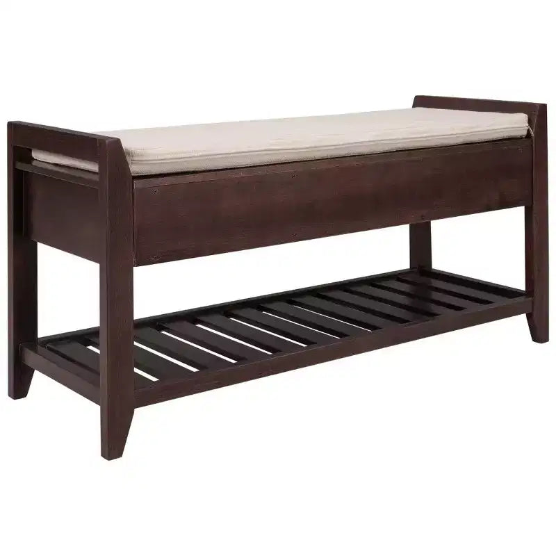 TUYOHW Scarpiera con Panca in Legno Massello con 2 Cassetti e Cuscino, Organizer Multiuso da Ingresso con Base a Griglia, Espresso