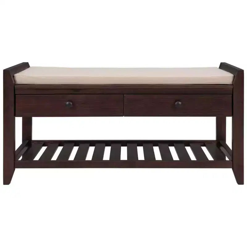 TUYOHW Scarpiera con Panca in Legno Massello con 2 Cassetti e Cuscino, Organizer Multiuso da Ingresso con Base a Griglia, Espresso