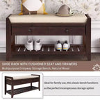 TUYOHW Scarpiera con Panca in Legno Massello con 2 Cassetti e Cuscino, Organizer Multiuso da Ingresso con Base a Griglia, Espresso