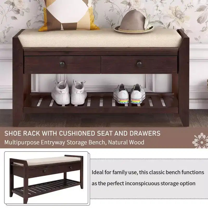 TUYOHW Scarpiera con Panca in Legno Massello con 2 Cassetti e Cuscino, Organizer Multiuso da Ingresso con Base a Griglia, Espresso