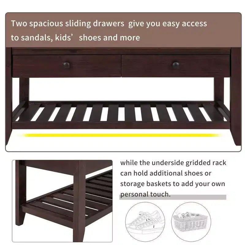 TUYOHW Scarpiera con Panca in Legno Massello con 2 Cassetti e Cuscino, Organizer Multiuso da Ingresso con Base a Griglia, Espresso