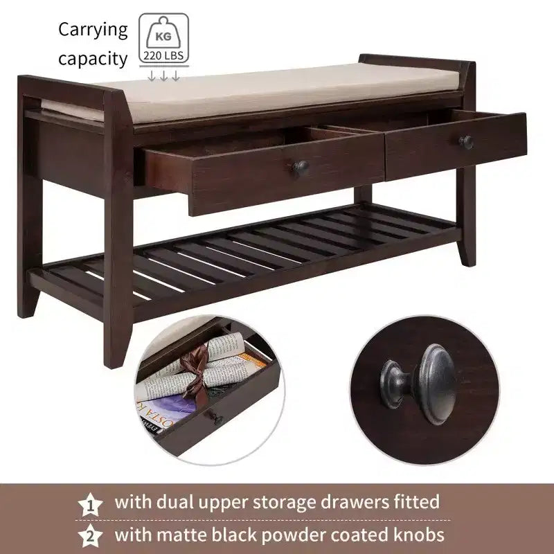 TUYOHW Scarpiera con Panca in Legno Massello con 2 Cassetti e Cuscino, Organizer Multiuso da Ingresso con Base a Griglia, Espresso