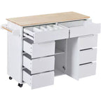 FAMYYT Carrello da cucina su rotelle in legno di gomma bianco con piano di lavoro da 53 pollici, 8 cassetti senza maniglia, 5 ruote
