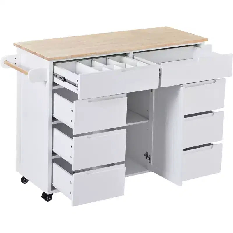 FAMYYT Carrello da cucina su rotelle in legno di gomma bianco con piano di lavoro da 53 pollici, 8 cassetti senza maniglia, 5 ruote