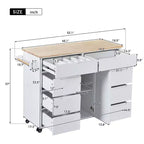 FAMYYT Carrello da cucina su rotelle in legno di gomma bianco con piano di lavoro da 53 pollici, 8 cassetti senza maniglia, 5 ruote