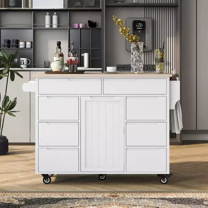 FAMYYT Carrello da cucina su rotelle in legno di gomma bianco con piano di lavoro da 53 pollici, 8 cassetti senza maniglia, 5 ruote