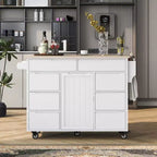 FAMYYT Carrello da cucina su rotelle in legno di gomma bianco con piano di lavoro da 53 pollici, 8 cassetti senza maniglia, 5 ruote