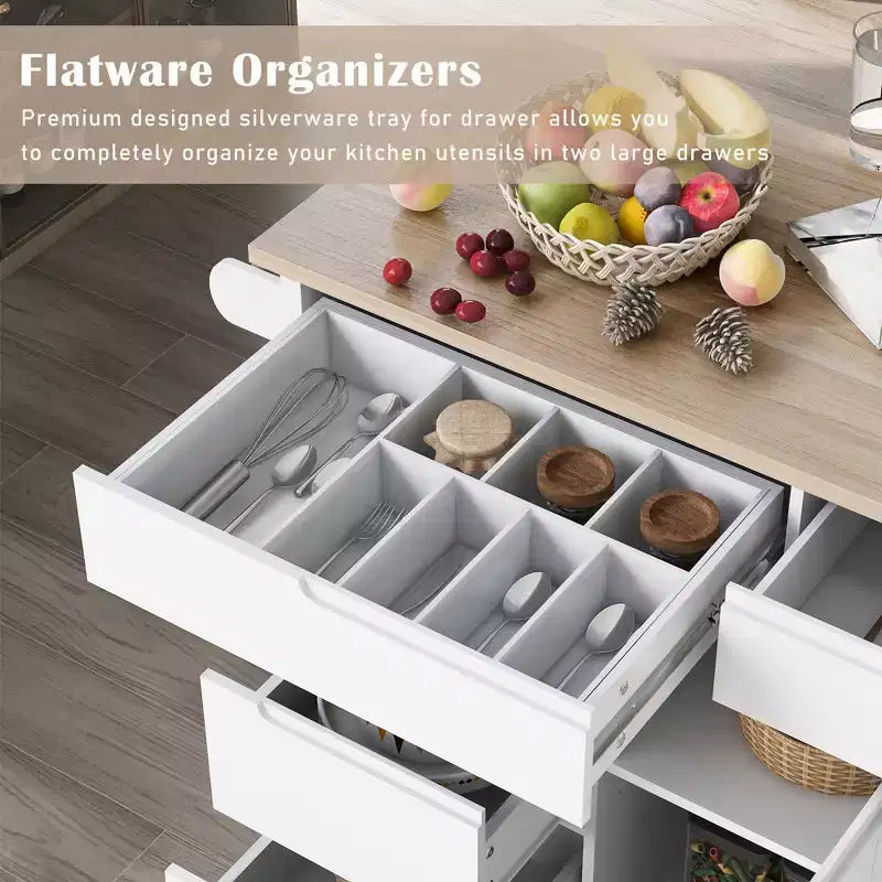 FAMYYT Carrello da cucina su rotelle in legno di gomma bianco con piano di lavoro da 53 pollici, 8 cassetti senza maniglia, 5 ruote