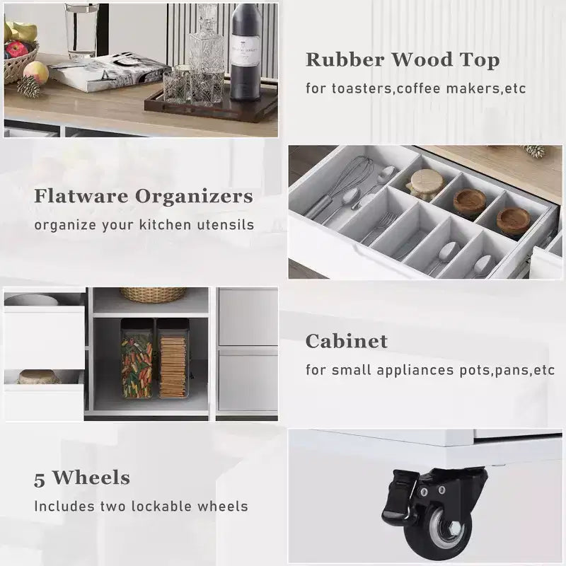 FAMYYT Carrello da cucina su rotelle in legno di gomma bianco con piano di lavoro da 53 pollici, 8 cassetti senza maniglia, 5 ruote