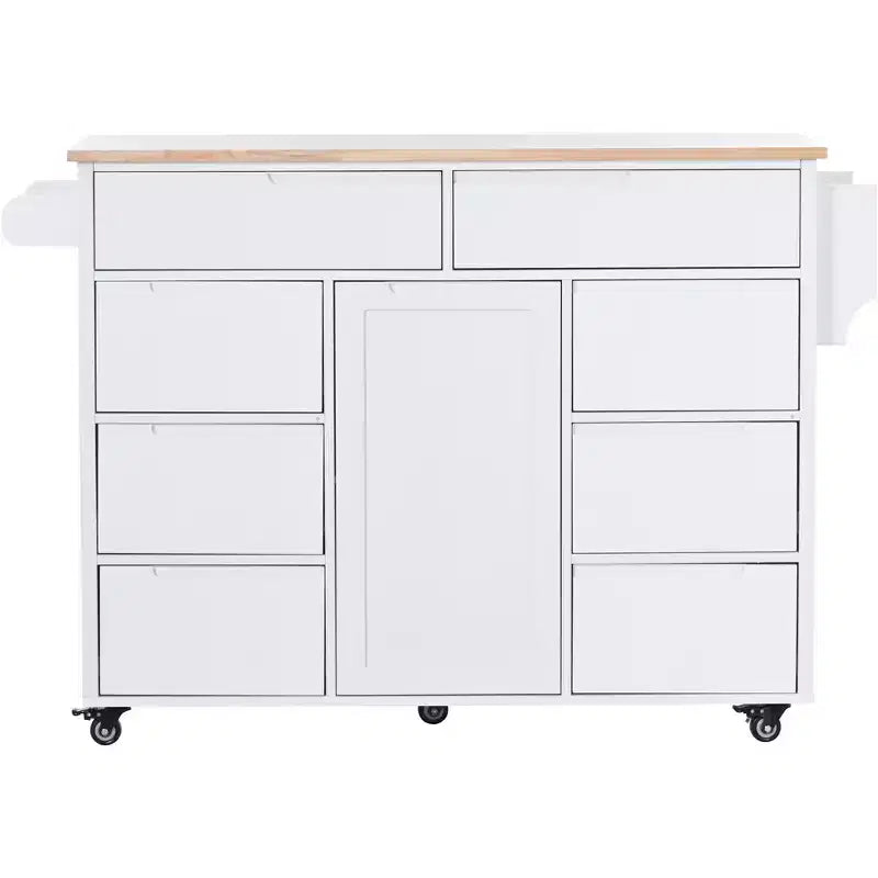 FAMYYT Carrello da cucina su rotelle in legno di gomma bianco con piano di lavoro da 53 pollici, 8 cassetti senza maniglia, 5 ruote