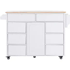 FAMYYT Carrello da cucina su rotelle in legno di gomma bianco con piano di lavoro da 53 pollici, 8 cassetti senza maniglia, 5 ruote