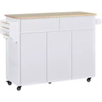 FAMYYT Carrello da cucina su rotelle in legno di gomma bianco con piano di lavoro da 53 pollici, 8 cassetti senza maniglia, 5 ruote