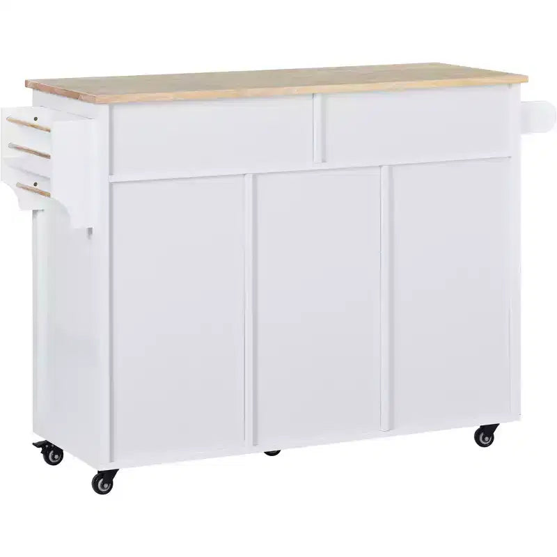 FAMYYT Carrello da cucina su rotelle in legno di gomma bianco con piano di lavoro da 53 pollici, 8 cassetti senza maniglia, 5 ruote