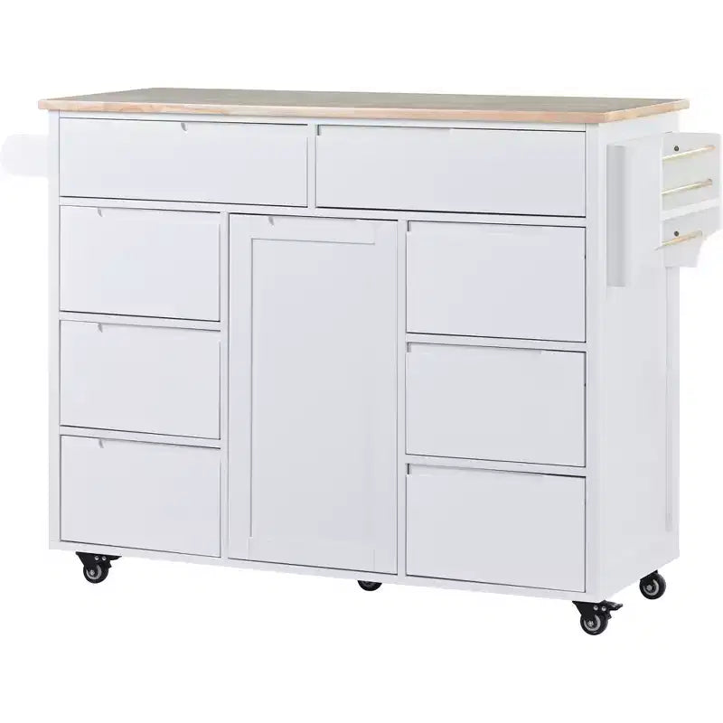 FAMYYT Carrello da cucina su rotelle in legno di gomma bianco con piano di lavoro da 53 pollici, 8 cassetti senza maniglia, 5 ruote