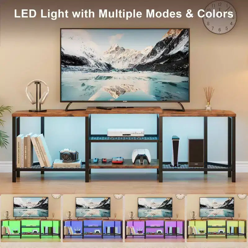 Mobile porta TV LED per TV fino a 75 pollici, mobile TV da 67 pollici con prese di corrente, ripiani a giorno, tavolino porta TV