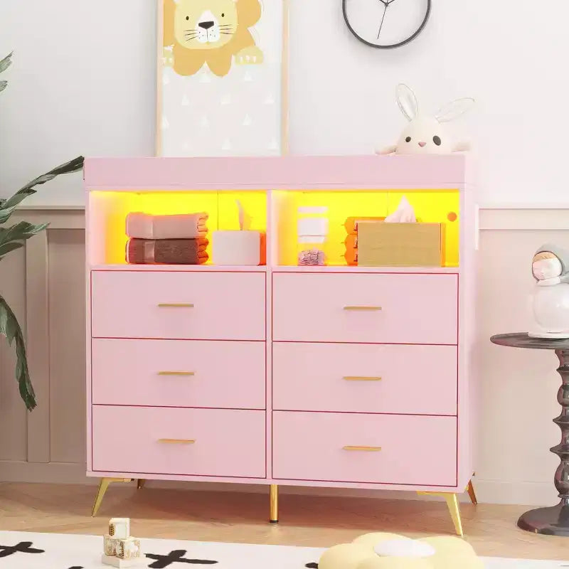 Comò per camera da letto con piano fasciatoio, cassettiera fasciatoio per bambini a 6 cassetti con ripiani aperti