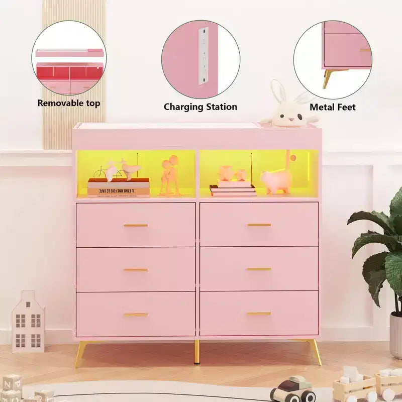 Comò per camera da letto con piano fasciatoio, cassettiera fasciatoio per bambini a 6 cassetti con ripiani aperti